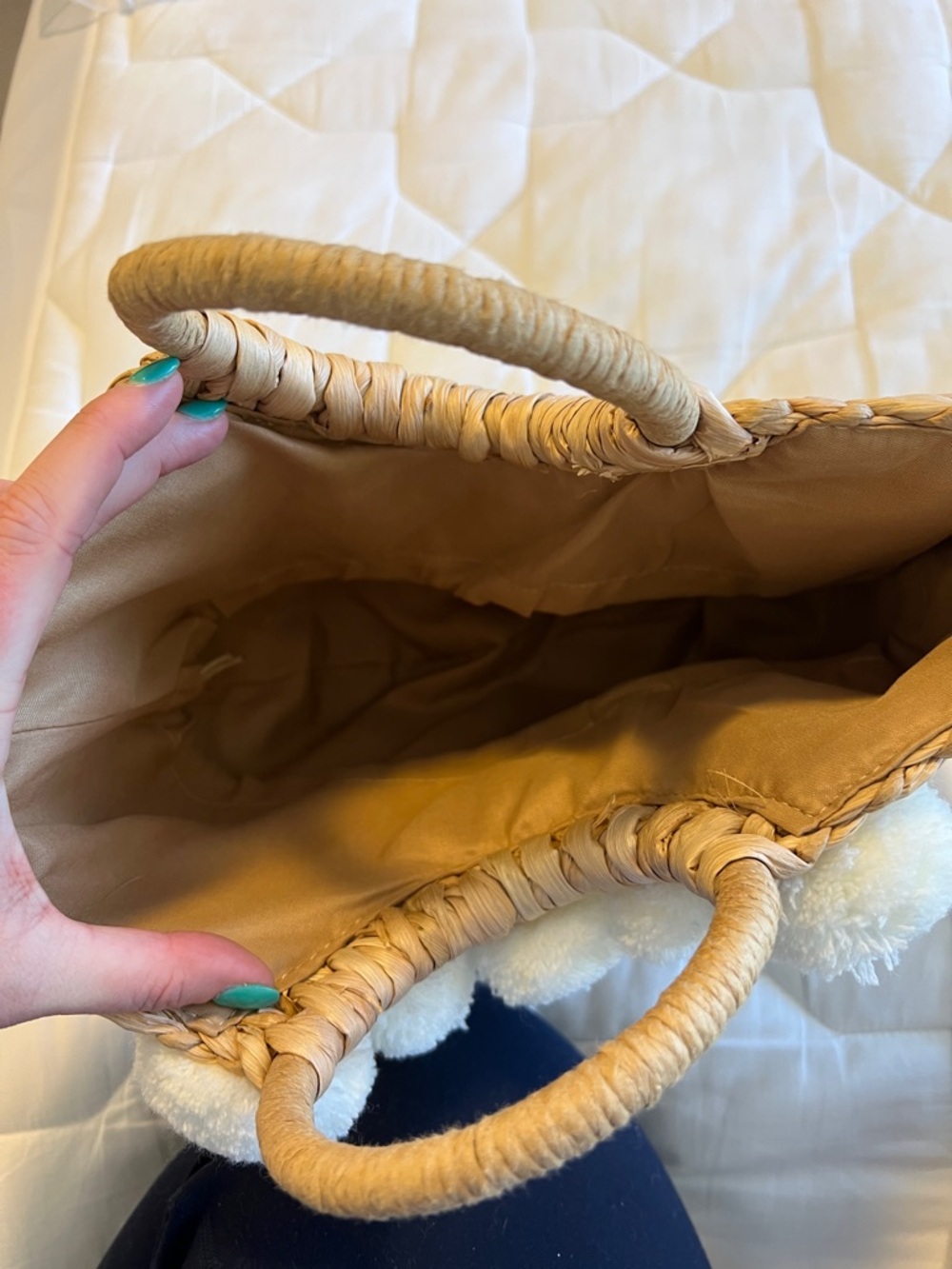 Woven Straw Tote with Cream Pom-Pom Accents - Picture 4 of 4